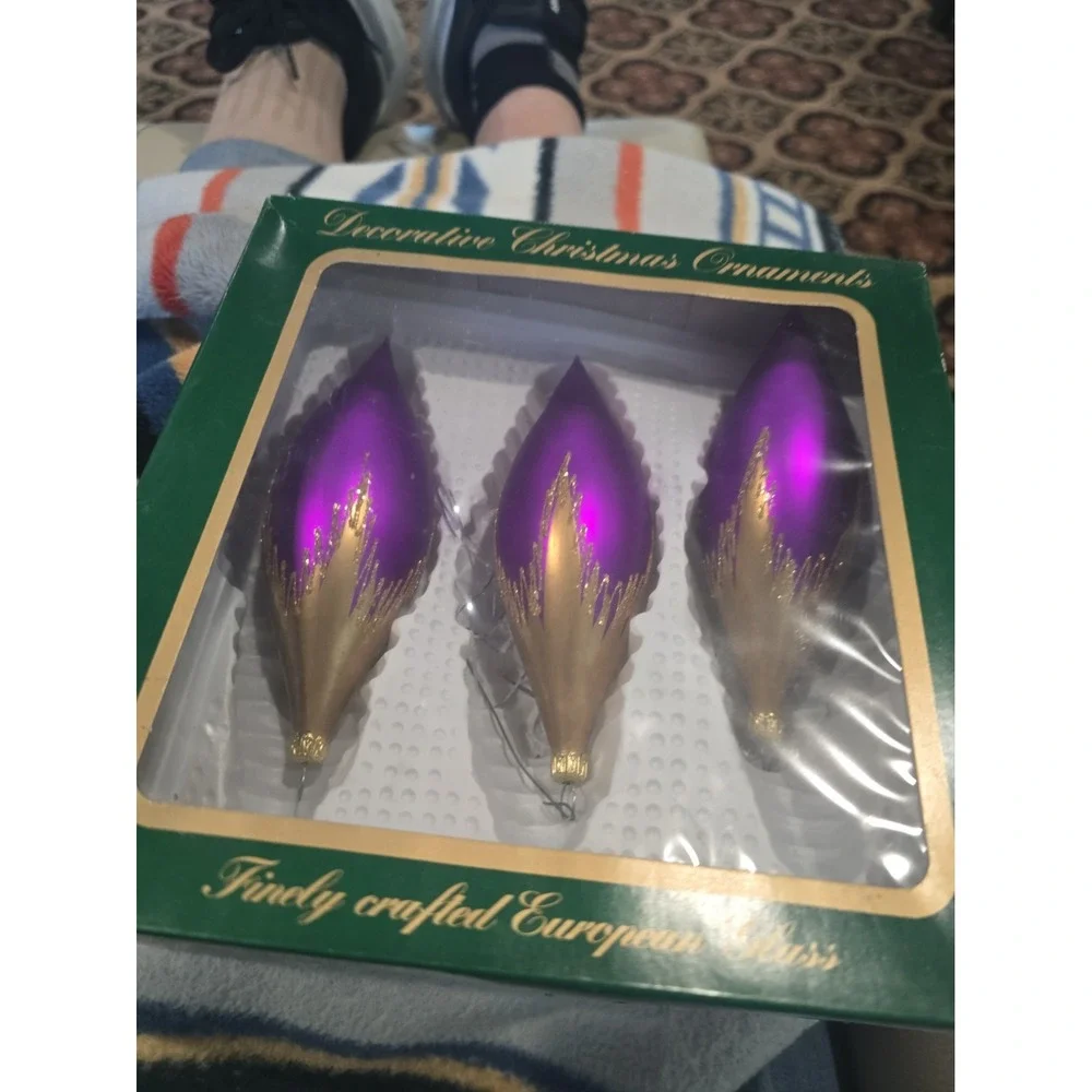 German Glass Teardrop Christmas Ornaments Violet/Gold Snowflake Hanging Set 3pc